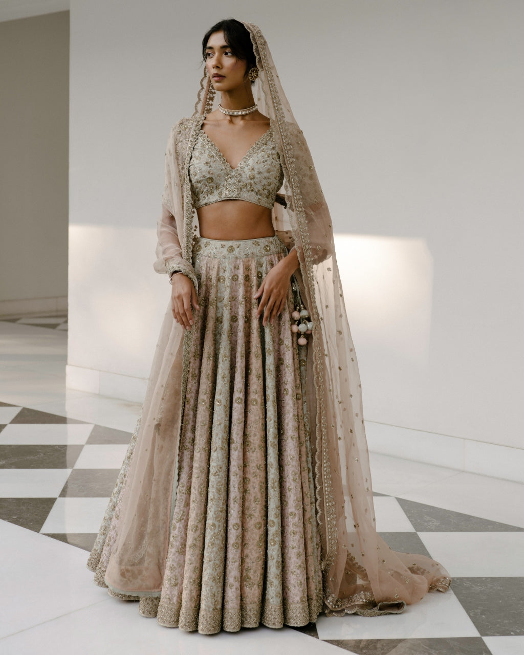 Tricolored Lehenga With Aari, Pearl & Dabka Work