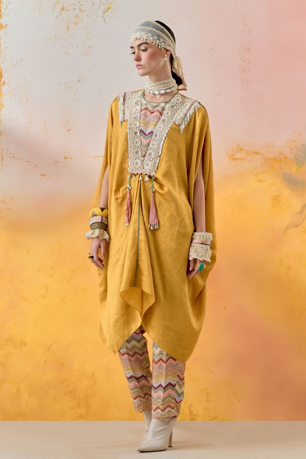Yellow Topaz Mural Ritu Kaftan Tunic WIth Staright Trouser Set
