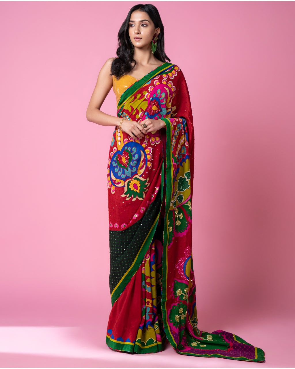 Royal Paisley and Salsa Red Embroidered Sari Set