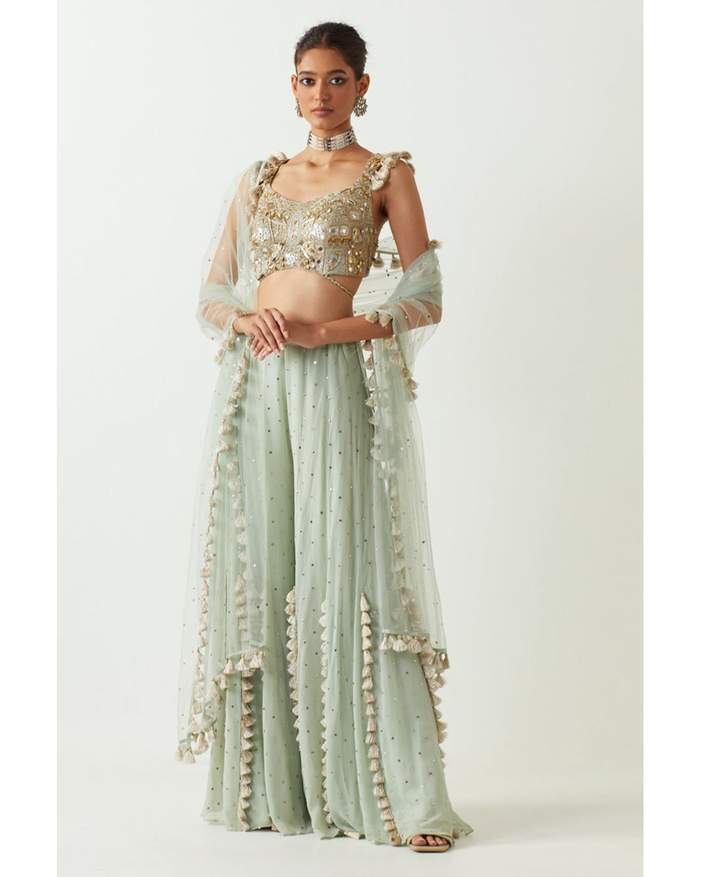 Mint Embroidered Choli With Sharara And Dupatta