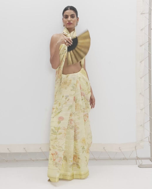 Handwoven Butter Yellow Printed Sari
