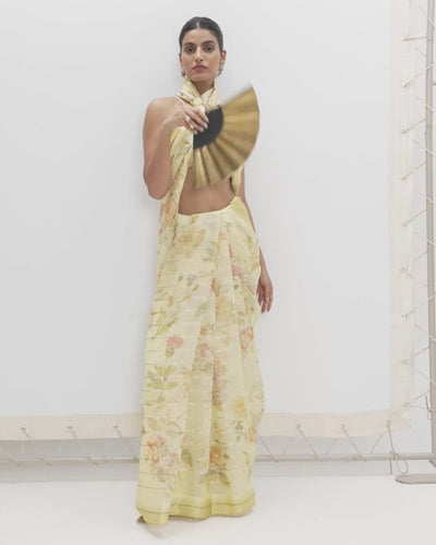 Handwoven Butter Yellow Printed Sari