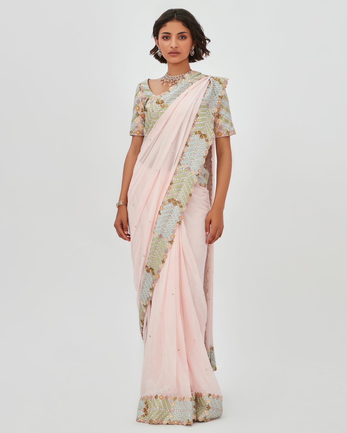 Pink Georgette Embellished Sari Set | Aisha Rao