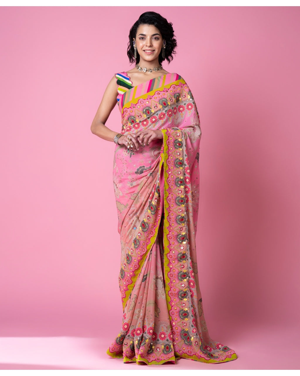 Twilight Pink Ombre Embroidered Sari Set