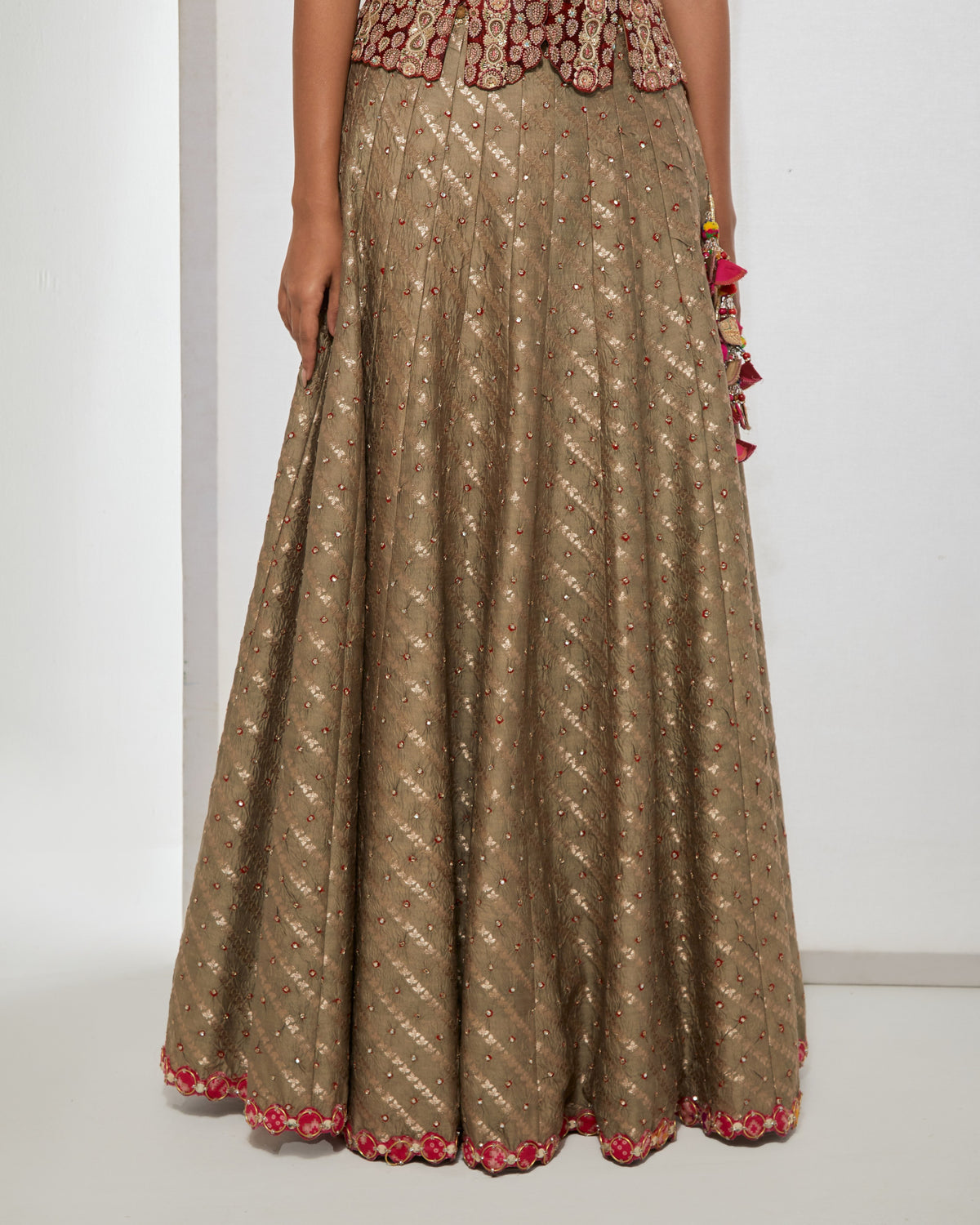 Maroon Peplum Corset & Bandhani Lehenga