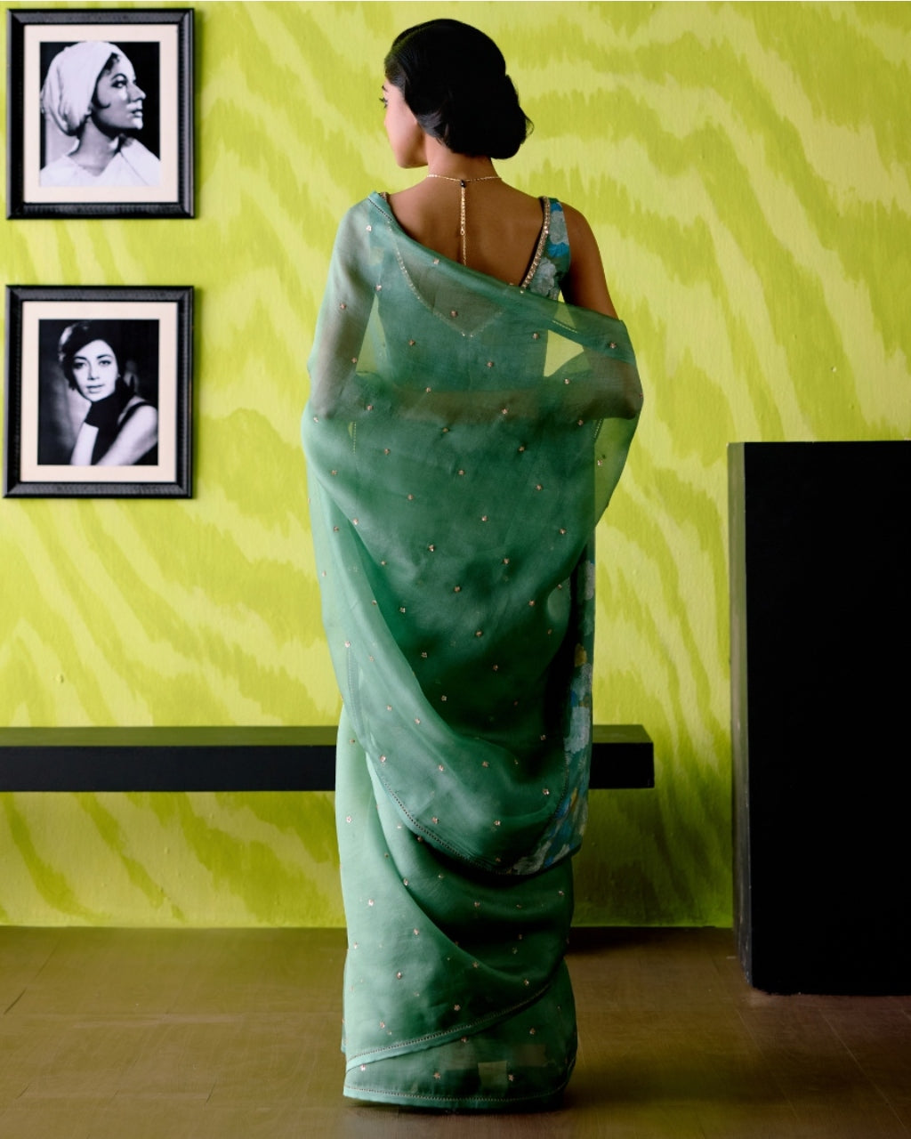 Green Apple Organza Sari With Blouse Set