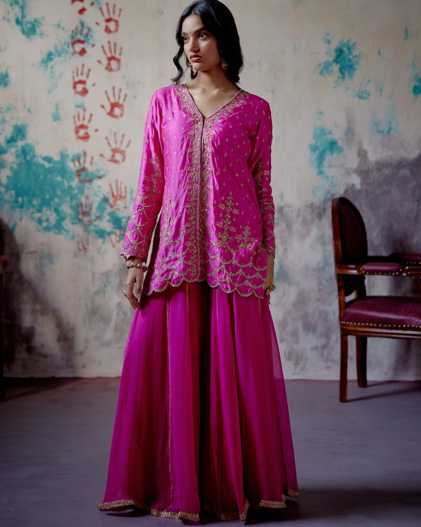Fuchsia Pink Center Open Short Kurta Set