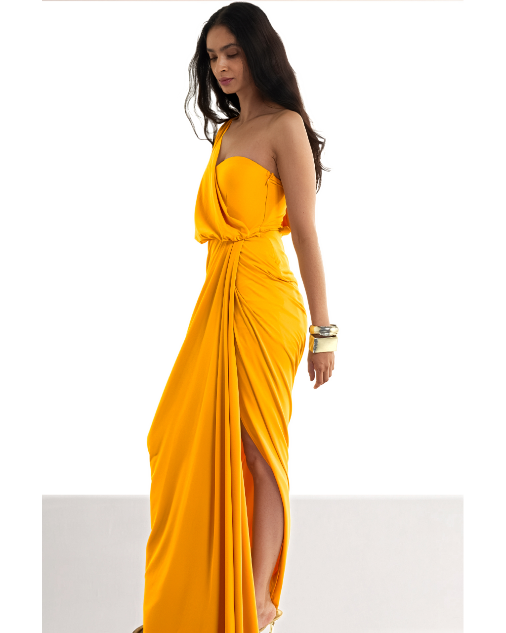 One Shoulder Draped Knit Sari Gown