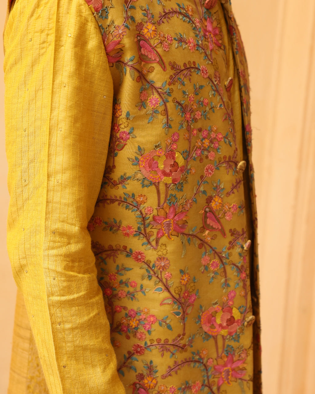 Sunshine Yellow Silk Brocade Jaal Bandi Set