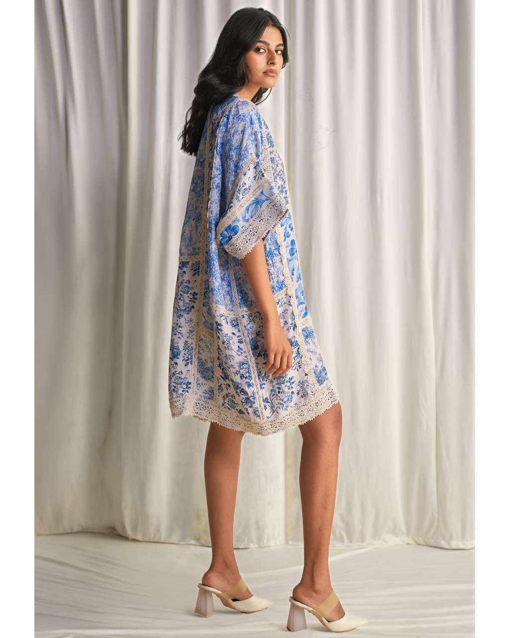 Silk-Linen Porcelain Print Patchwork Dress