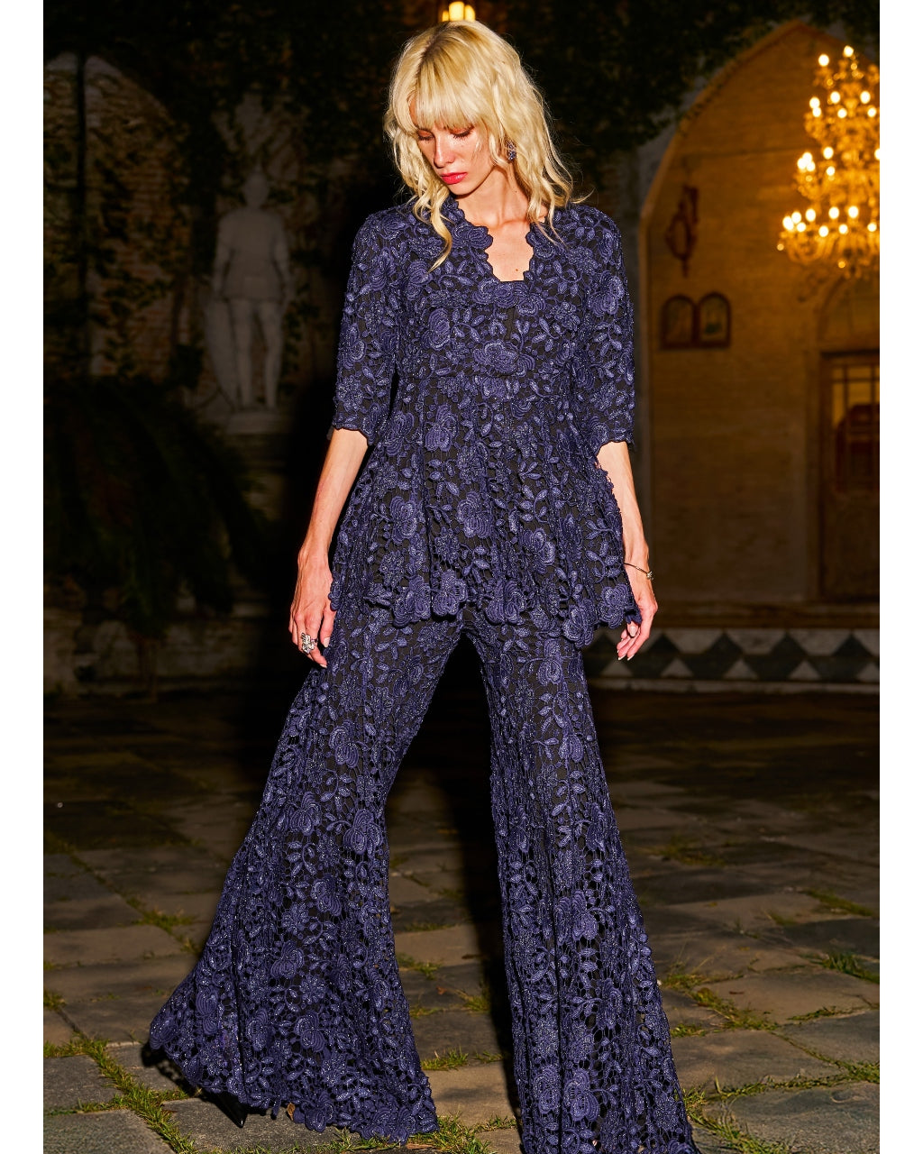Embroidered Lace Peplum Top And Pant Set
