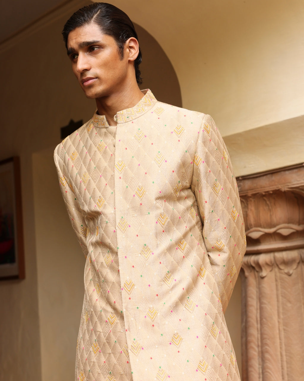 Ivory Embroidered Sherwani Set