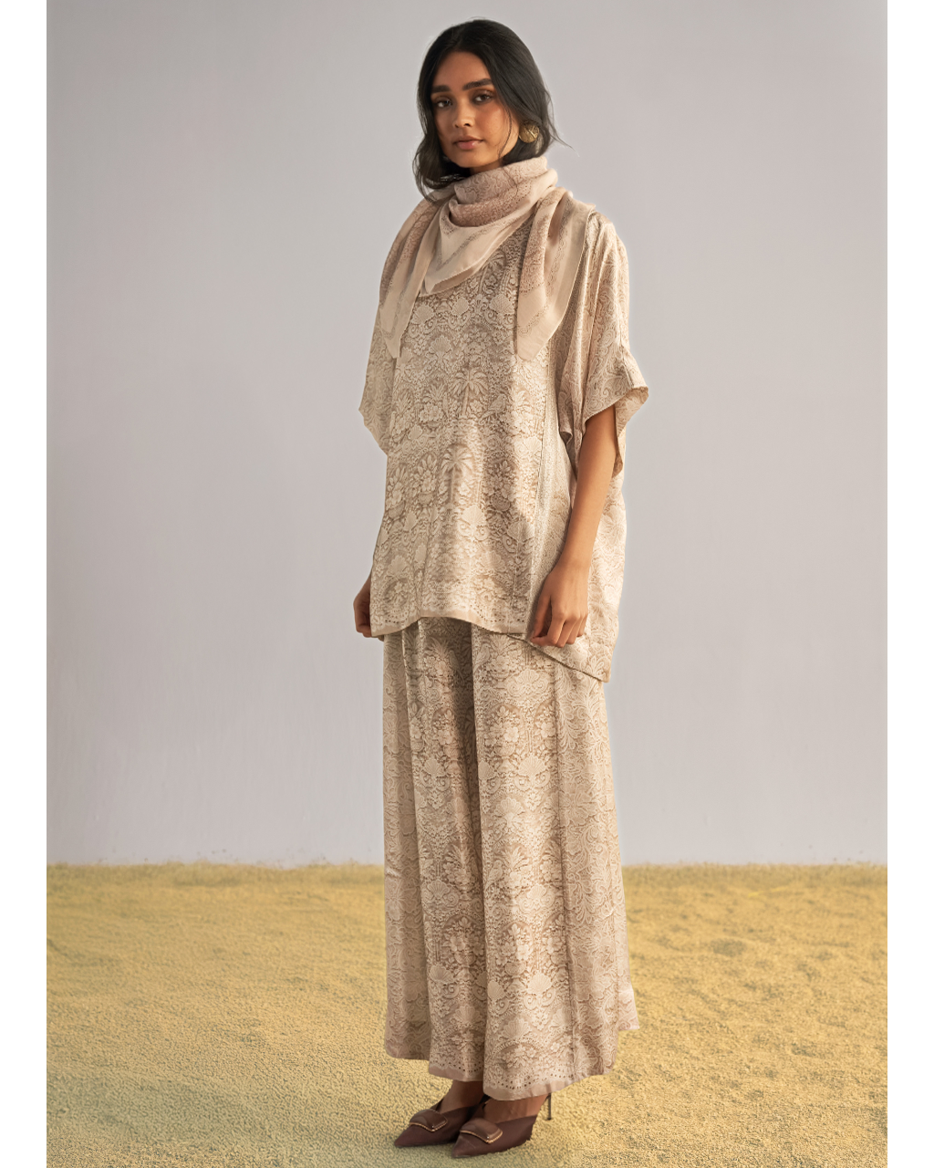 Lace Printed Wide-Legged Pant Set