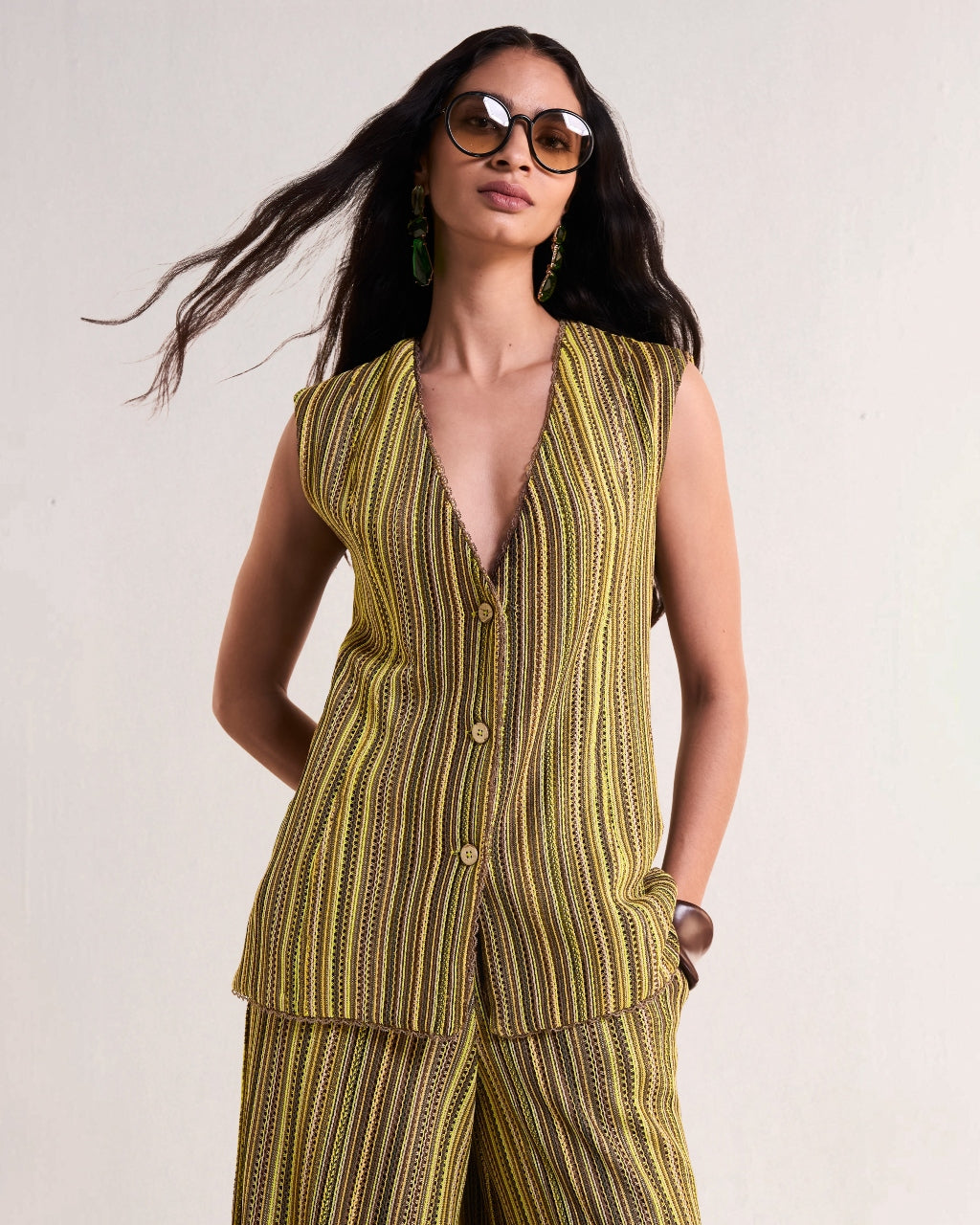 Scalloped Crochet Knit Waistcoat & Wide-Legged Pant Set