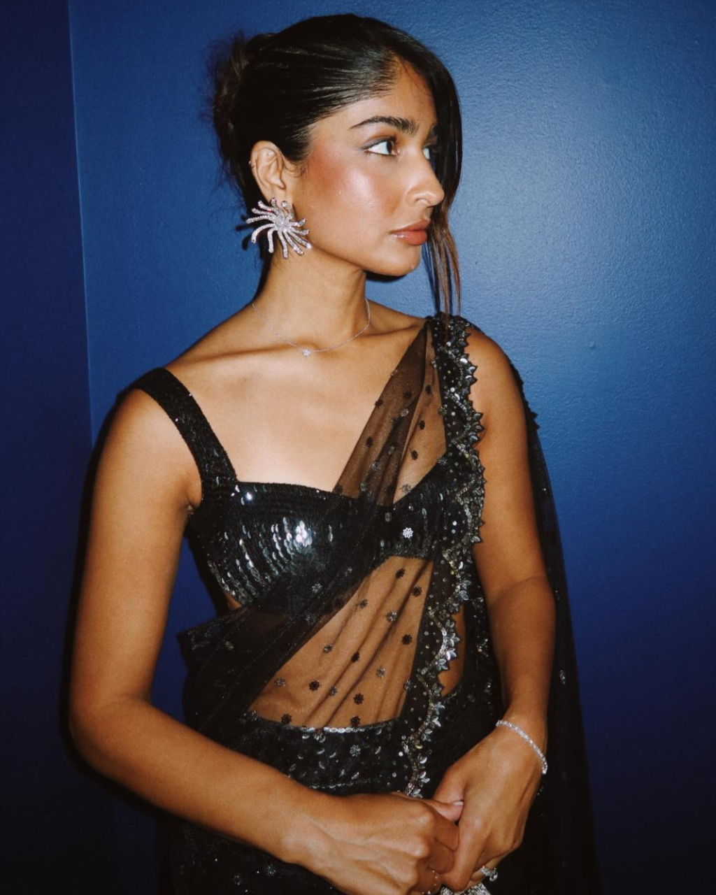 Black and Silver Shimmer Drape Sari