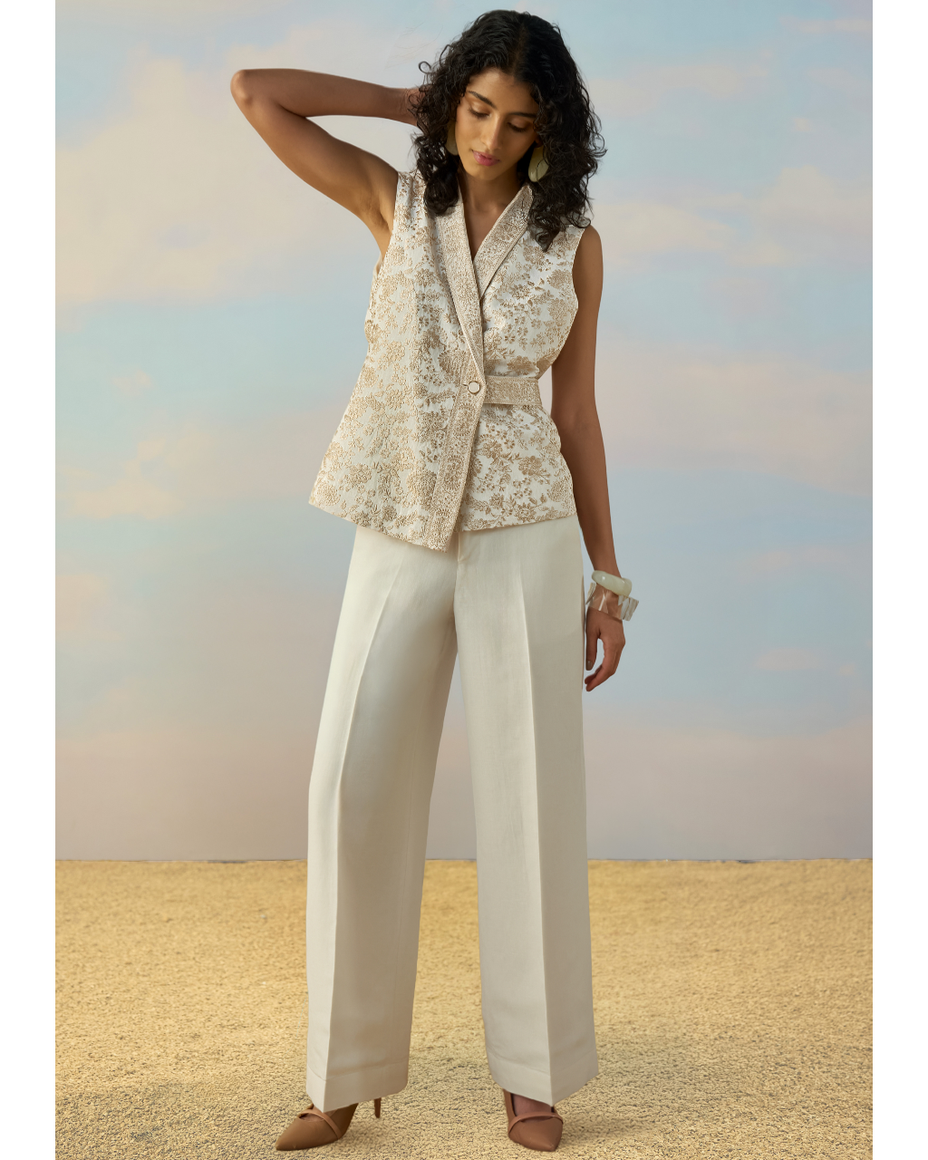 Linen Embroidered Waistcoat & Straight-Cut Pant Set