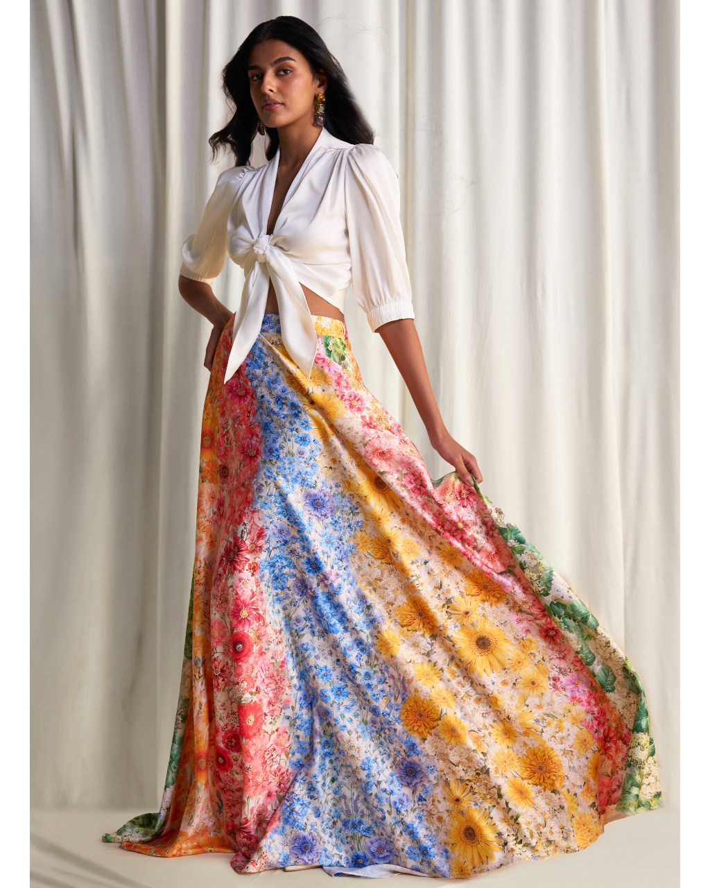 Front-Tie Top & Multi-Floral Maxi Skirt