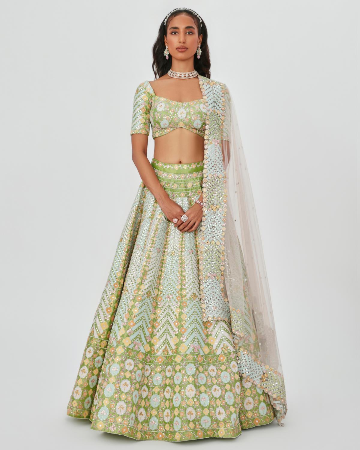 Lime Tissue Embellished Lehenga Set