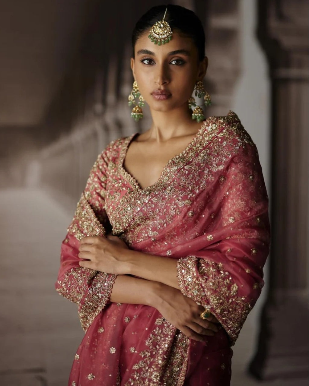 Red Sari With Jaal Blouse