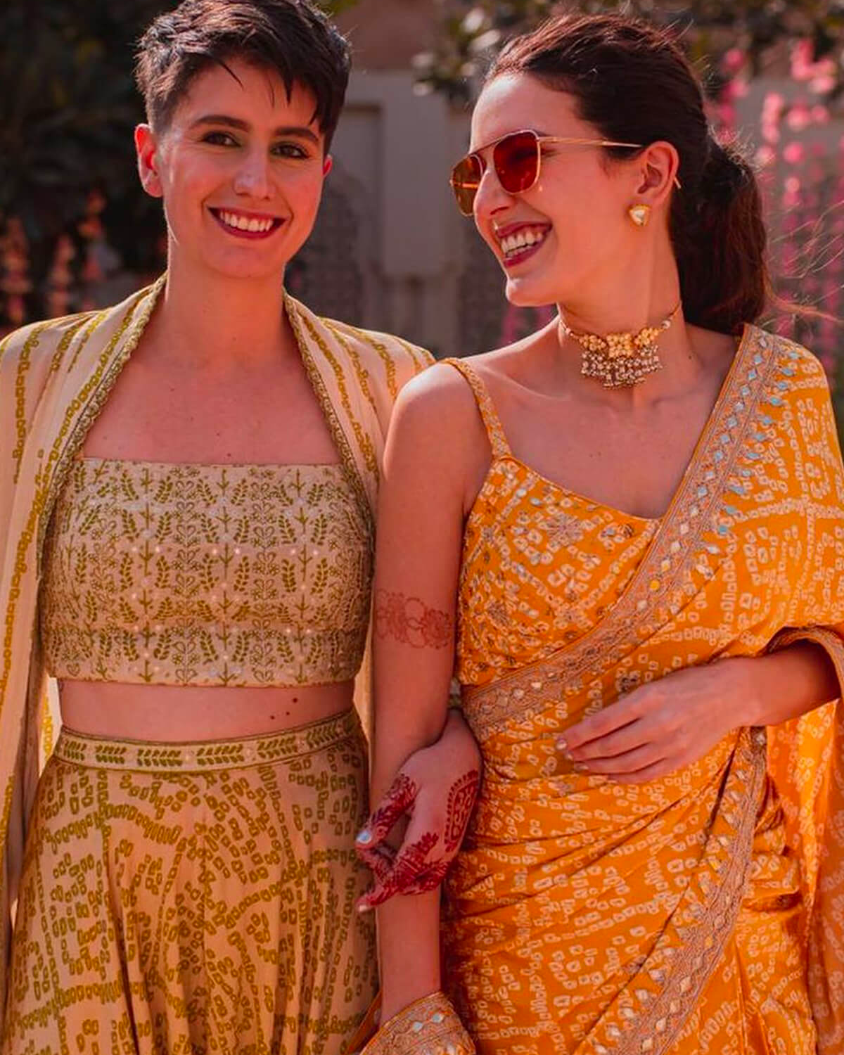 Mustard Bandhani Embellished Sari With Blouse