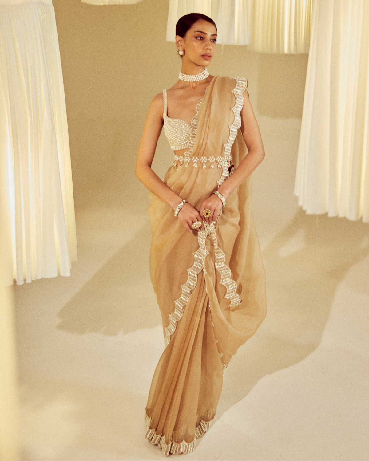 Beige Pearl Embellished Sari Set by VVani by Vani vats