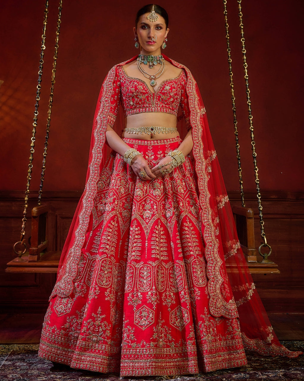 Red Wave Floral Lehenga Set