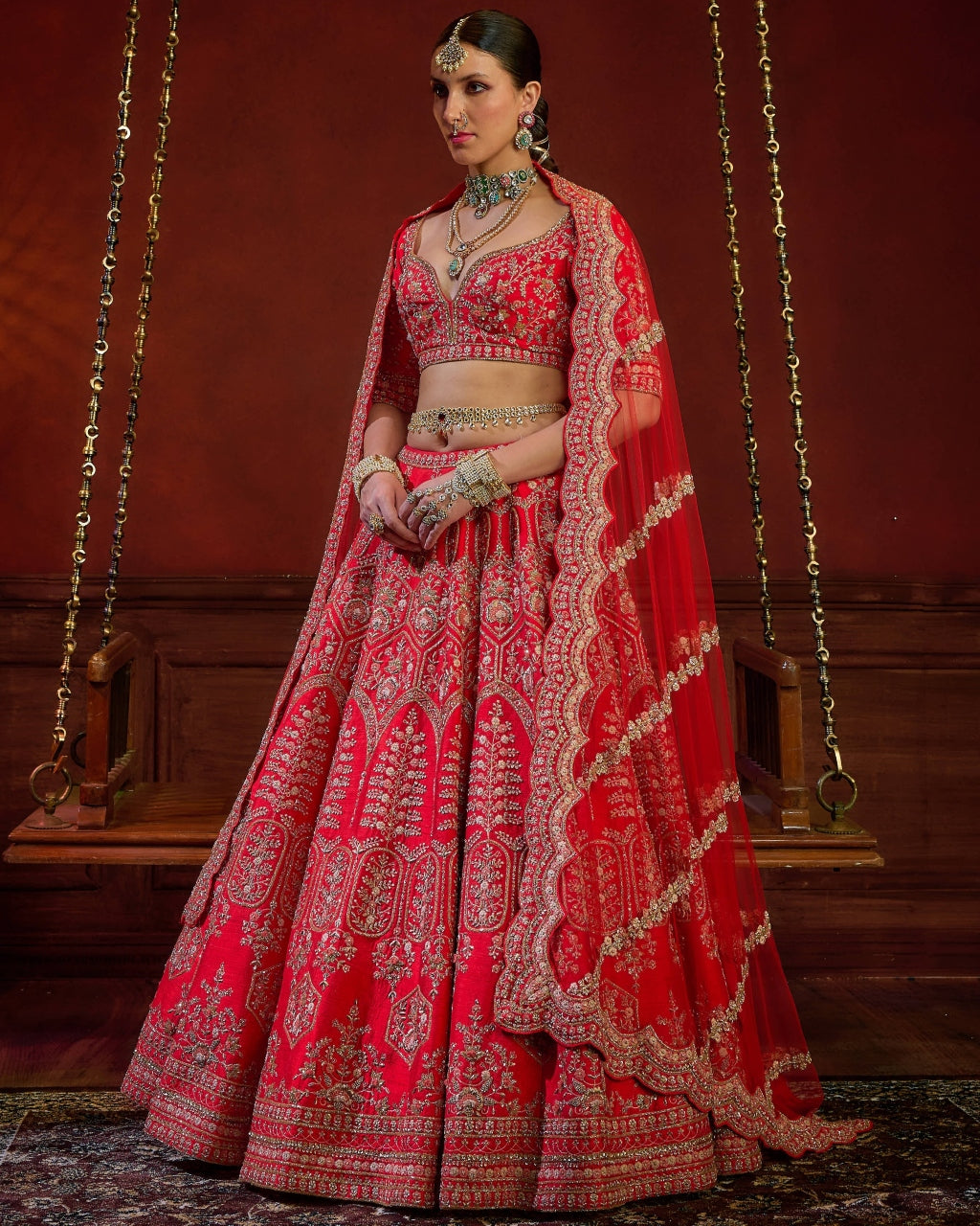 Red Wave Floral Lehenga Set