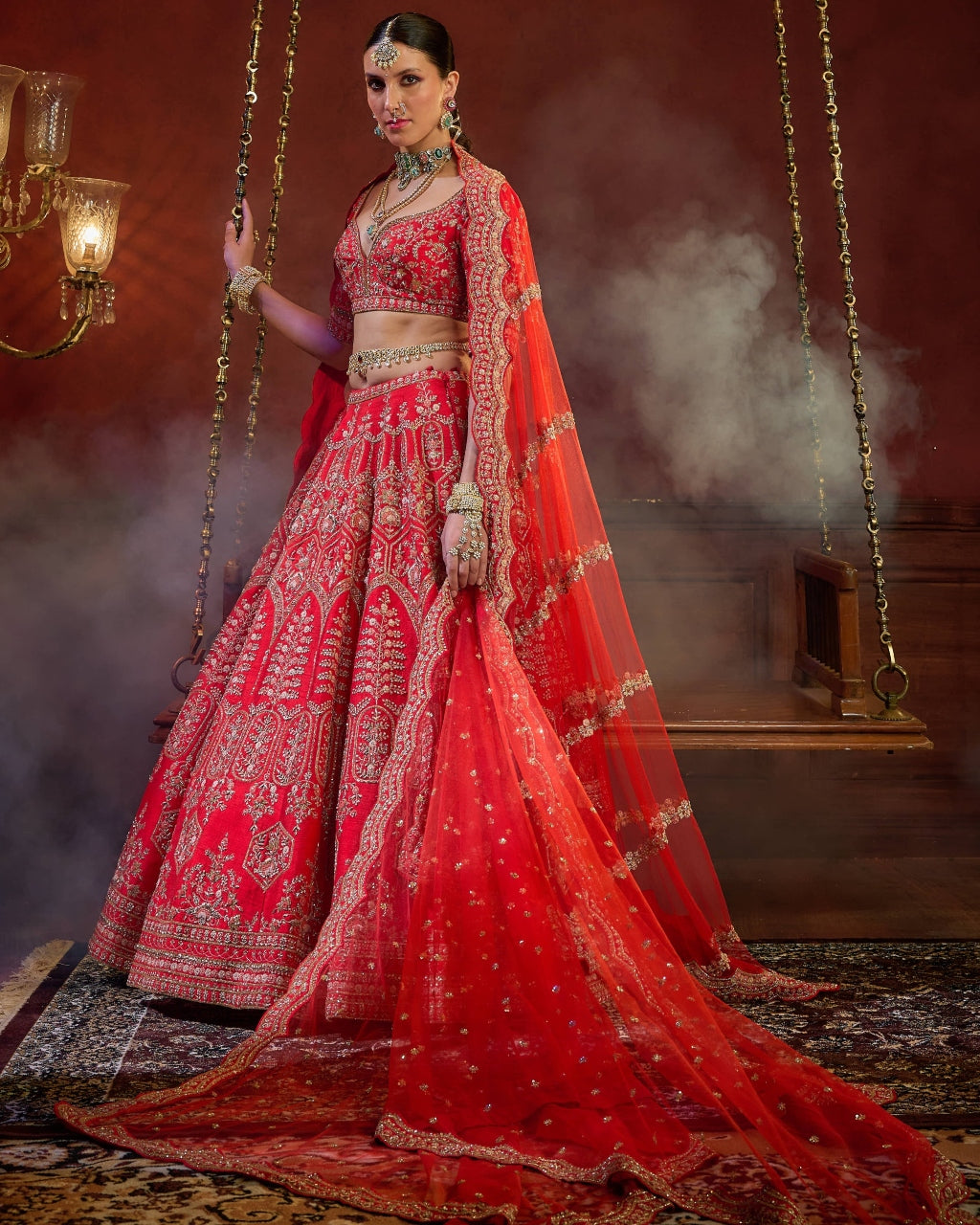 Red Wave Floral Lehenga Set