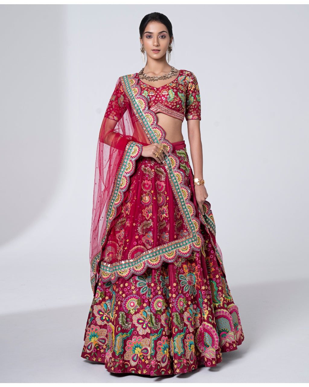 3D Embroidered Burgundy Lehenga Set