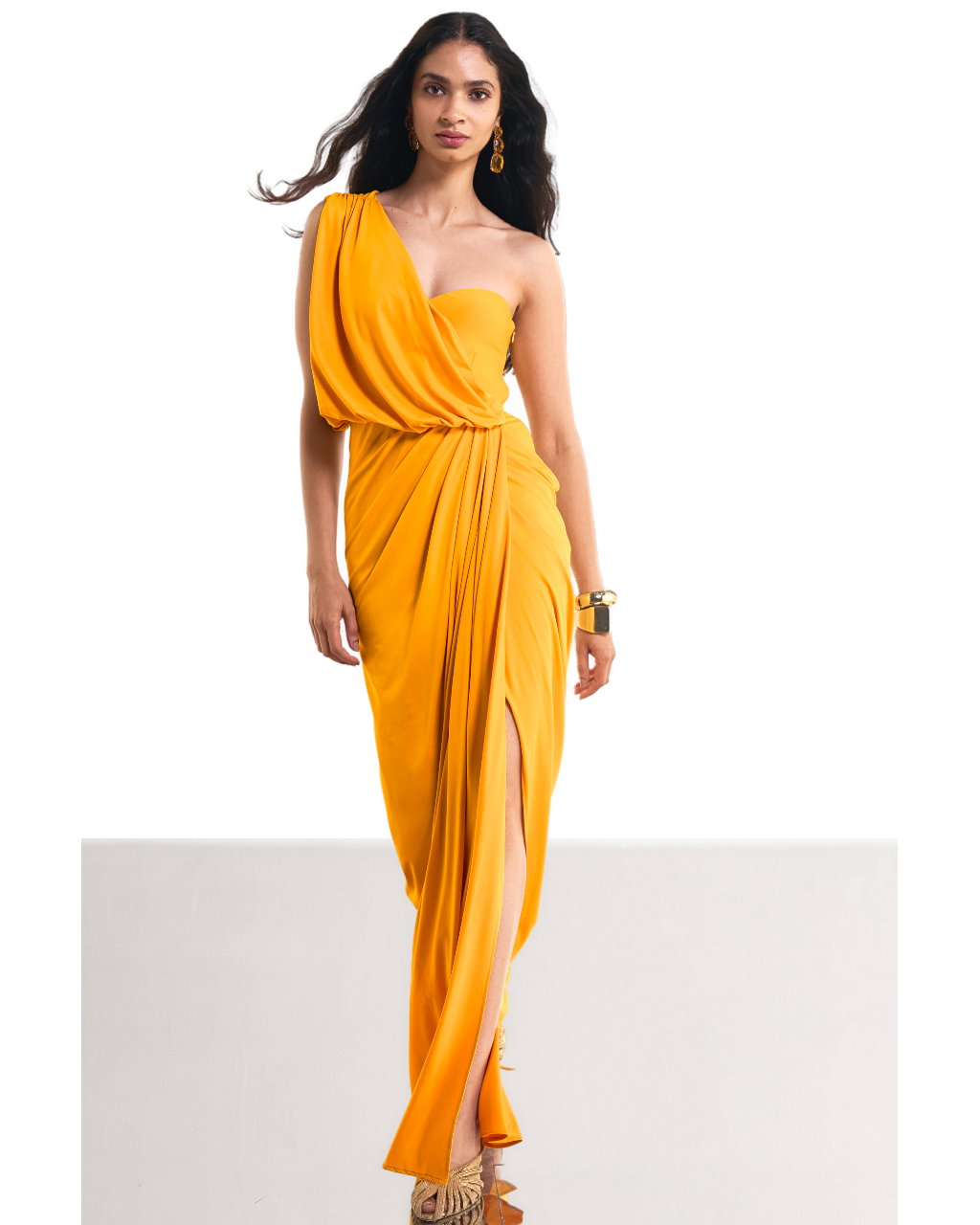 One Shoulder Draped Knit Sari Gown