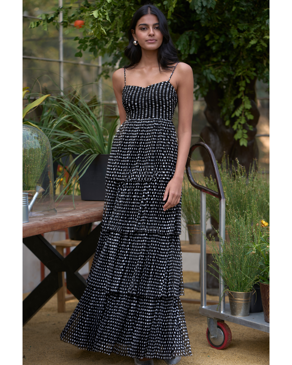 Pleated Polka Dot Tiered Maxi
