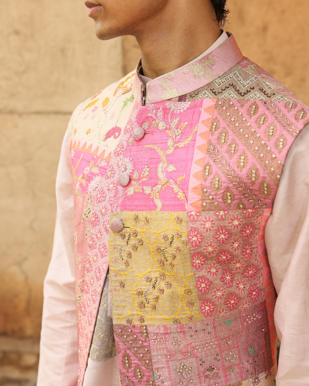 Blush Pink Silk Brocade Patchwork Bandi Set