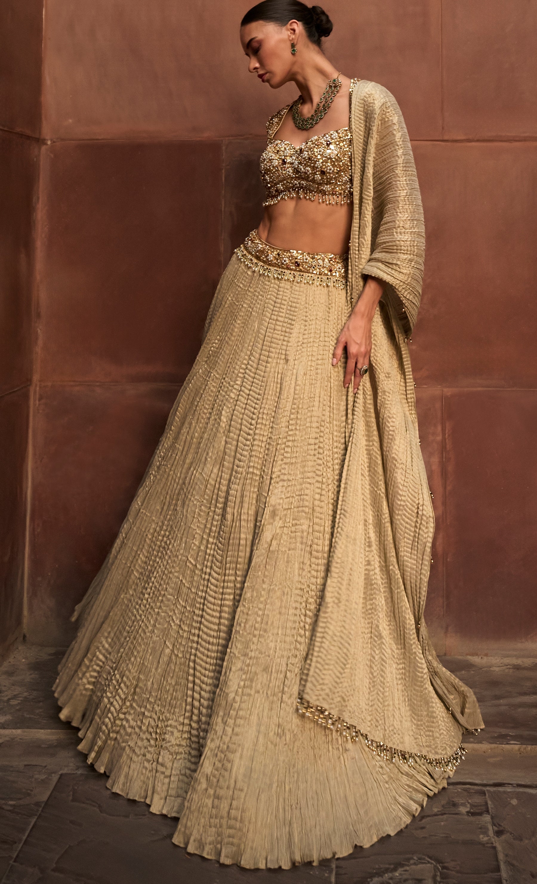 Golden Tissue Crush Lehenga Set