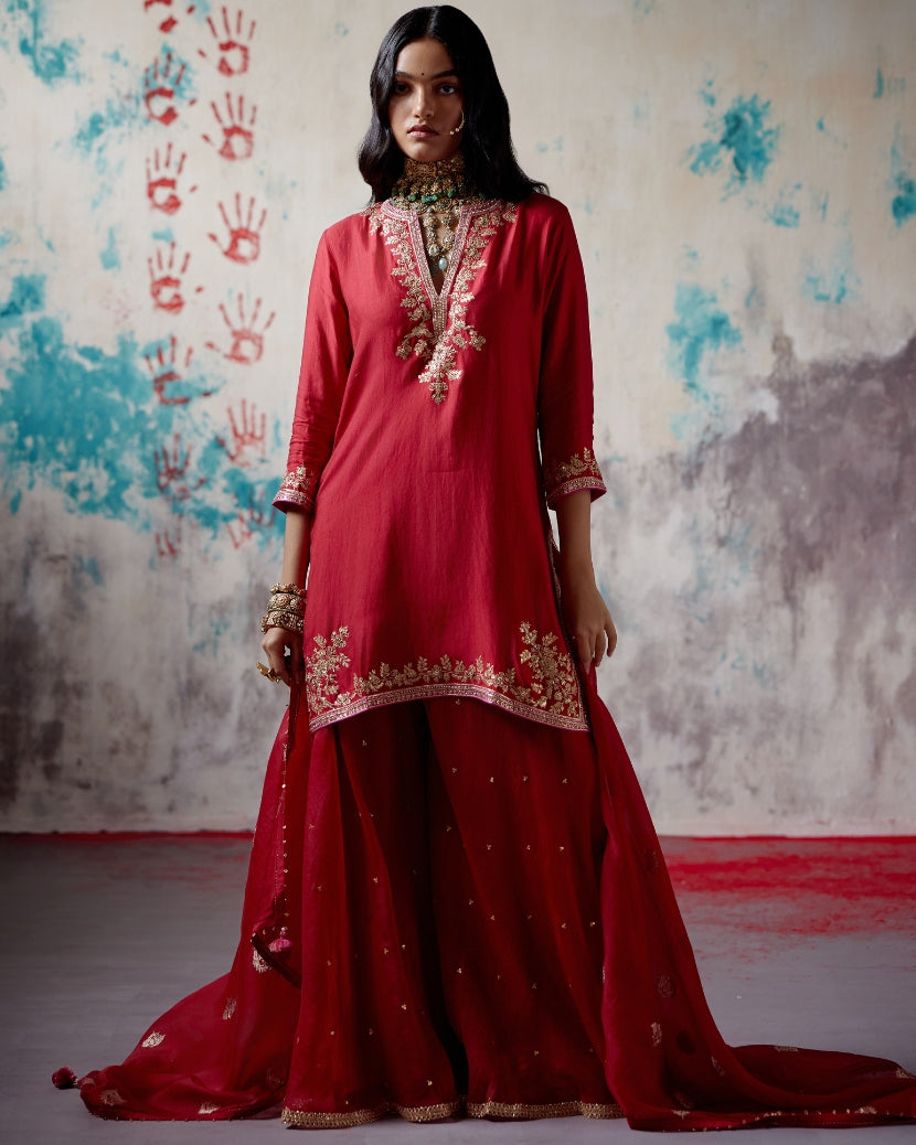 Red Short Kurta Sharara Set