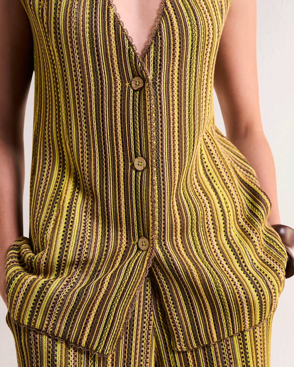 Scalloped Crochet Knit Waistcoat & Wide-Legged Pant Set