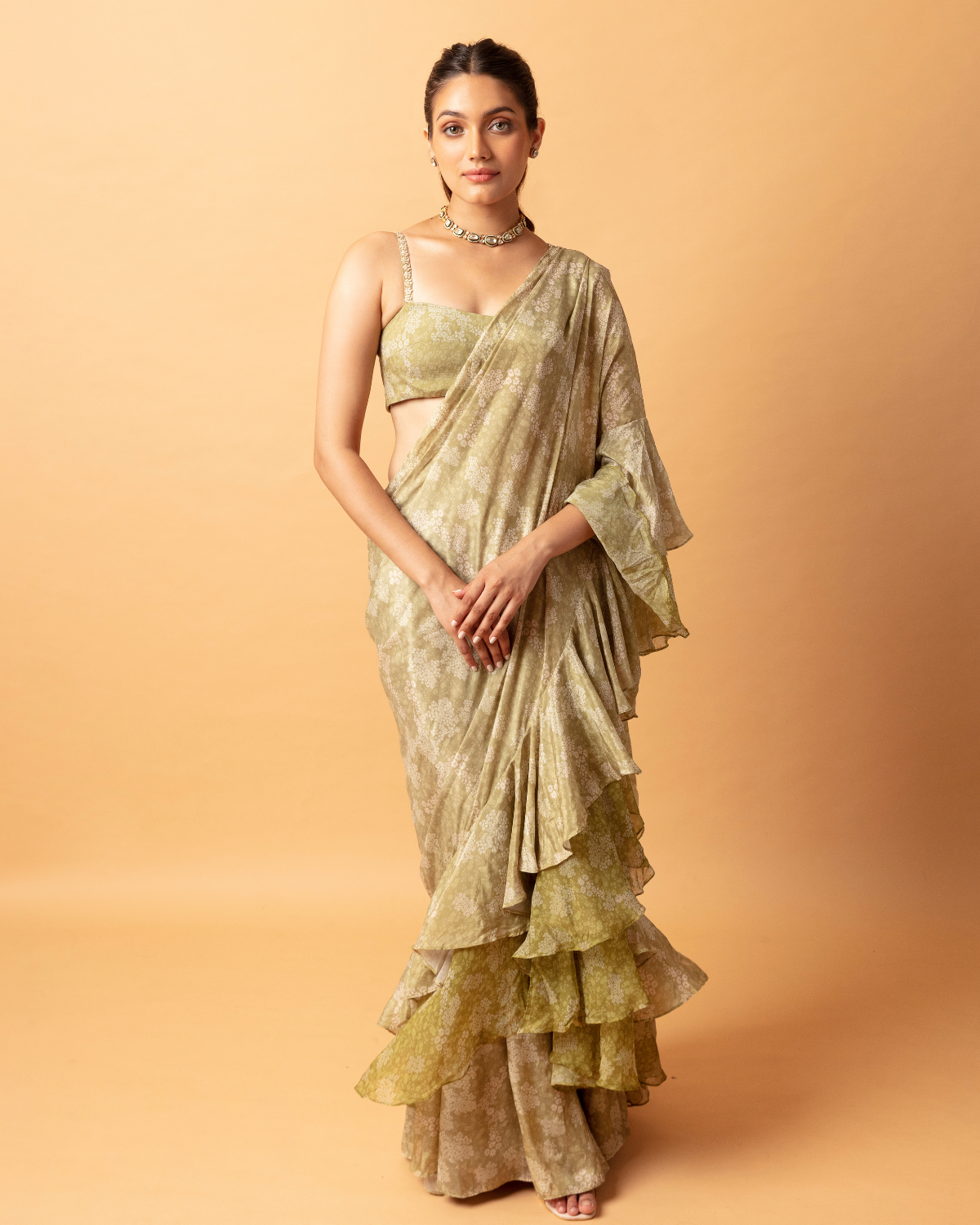 Pearl Embellished Sari Set With Cape