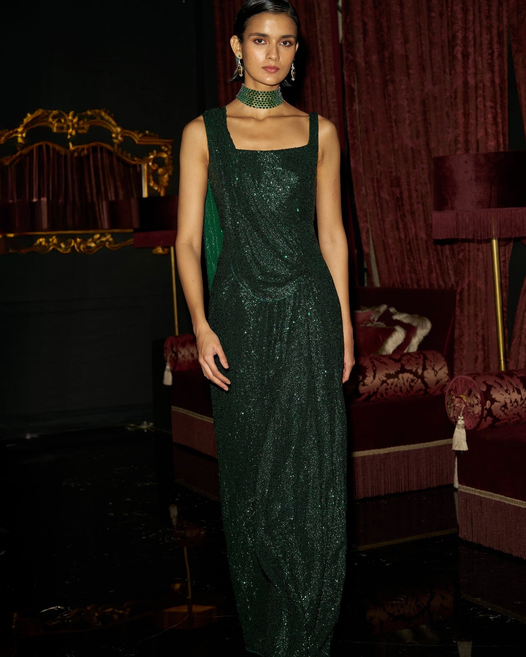 Emerald Sequin Saree Drape Gown