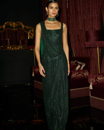 Emerald Sequin Saree Drape Gown