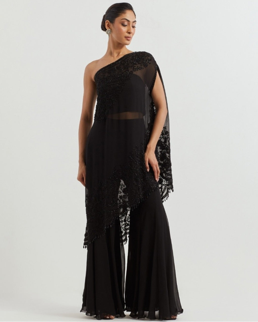 Black One Shoulder Cape With Sharara Set