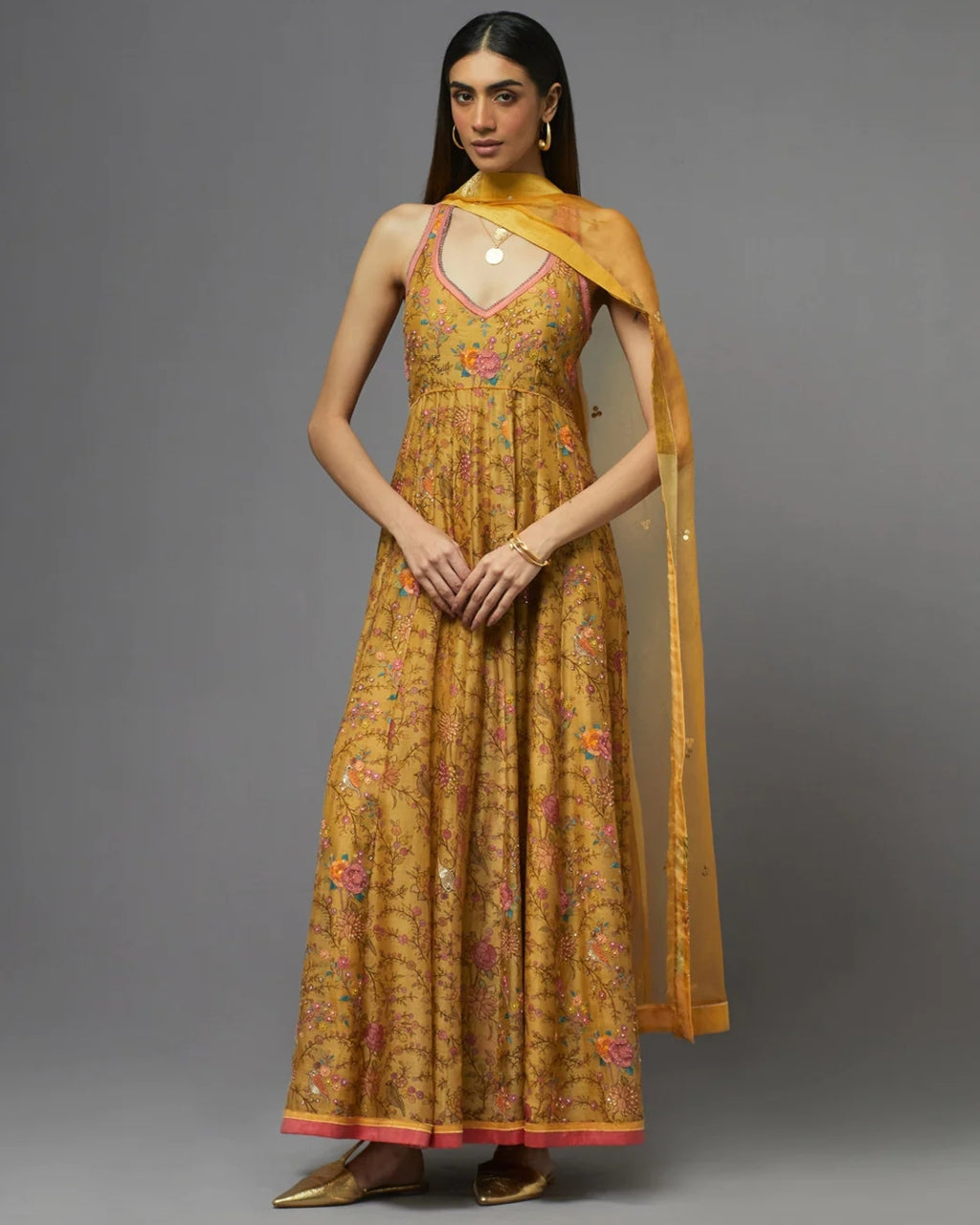 Yellow Halter Neck Printed Anarkali Set