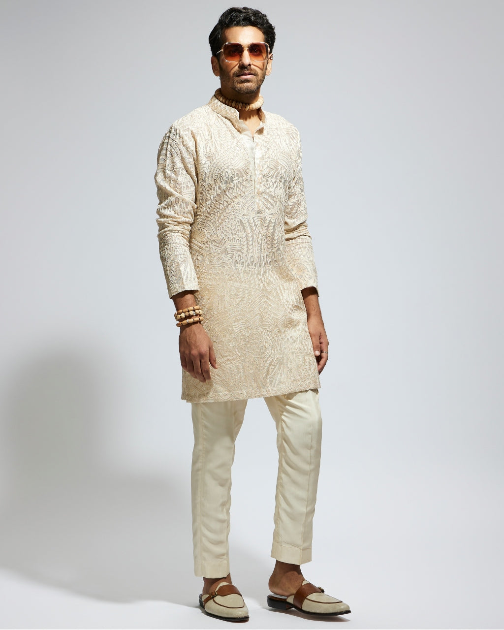 Beige Organza Embroidered Kurta Set