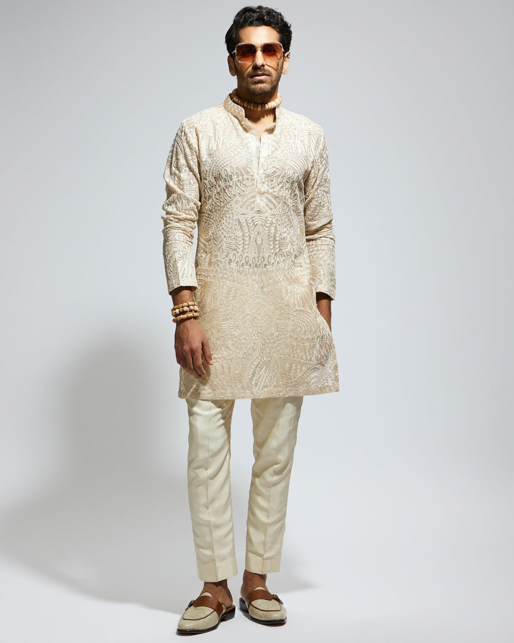 Beige Organza Embroidered Kurta Set