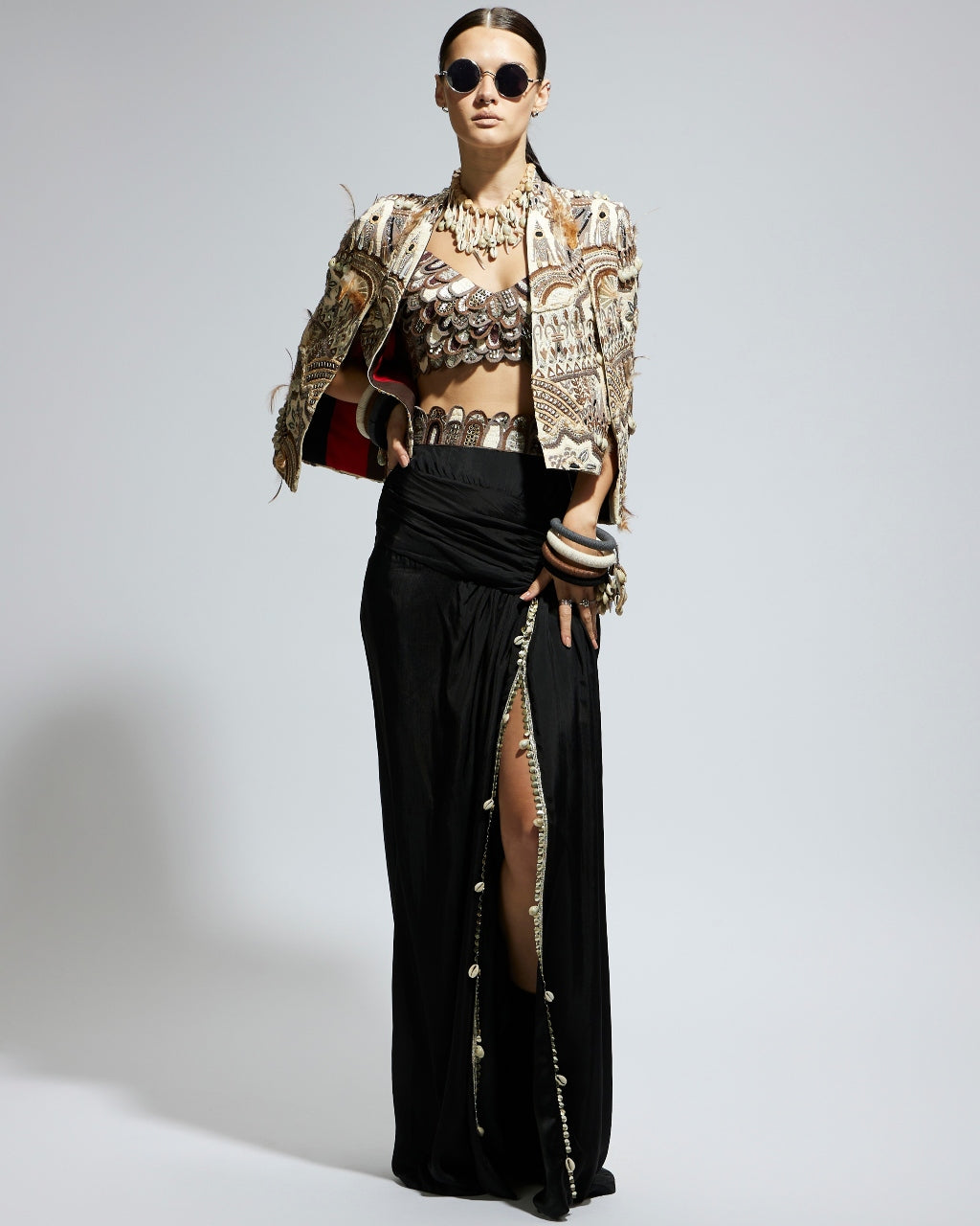 Abstract Feather Jacket With Slit Skirt Set