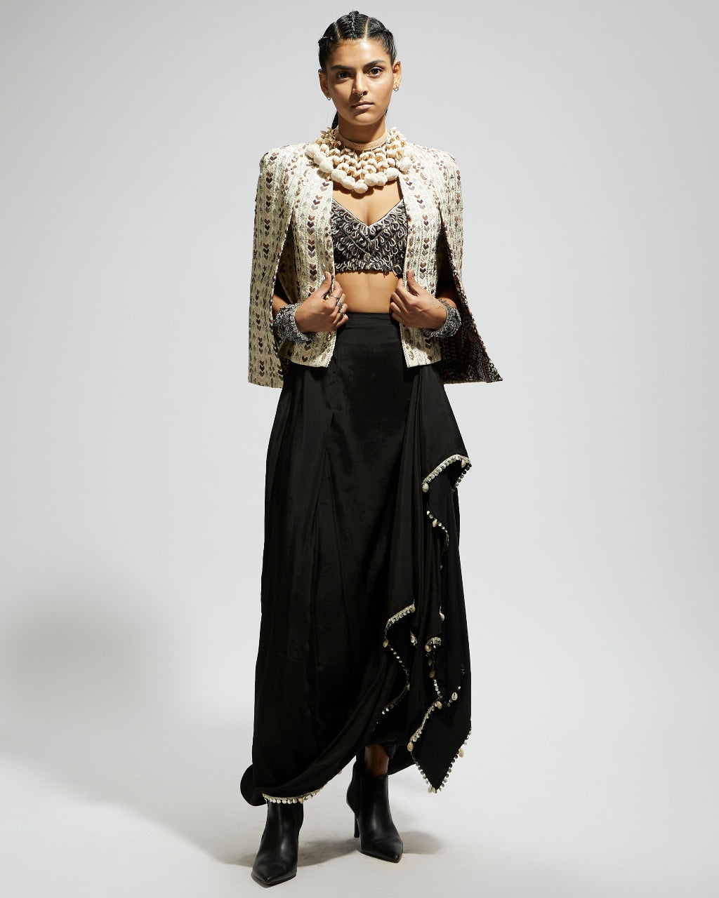 Svara Embellished Cape And Drape Skirt Set