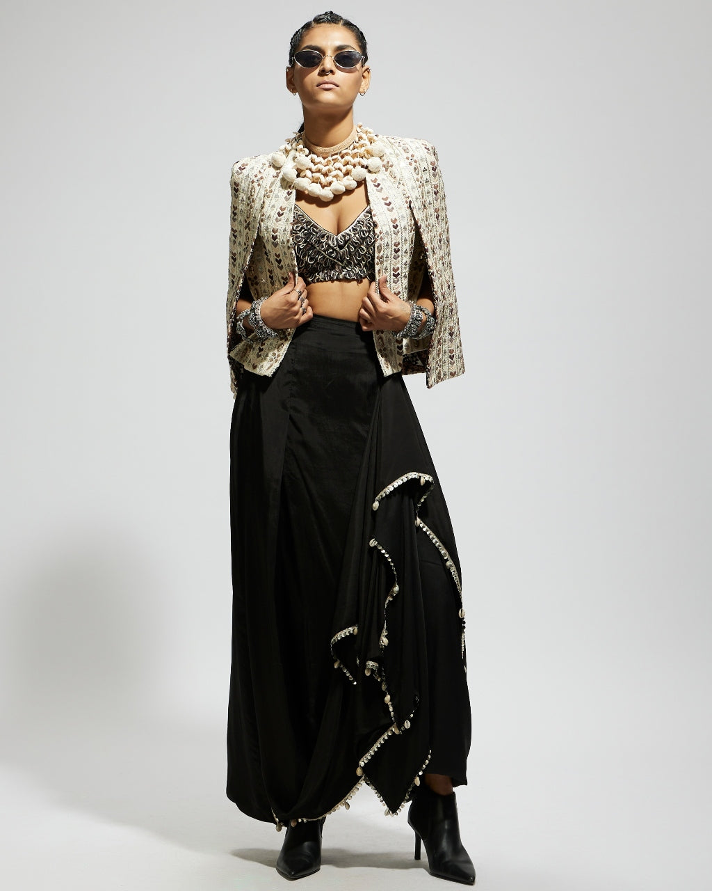 Svara Embellished Cape And Drape Skirt Set