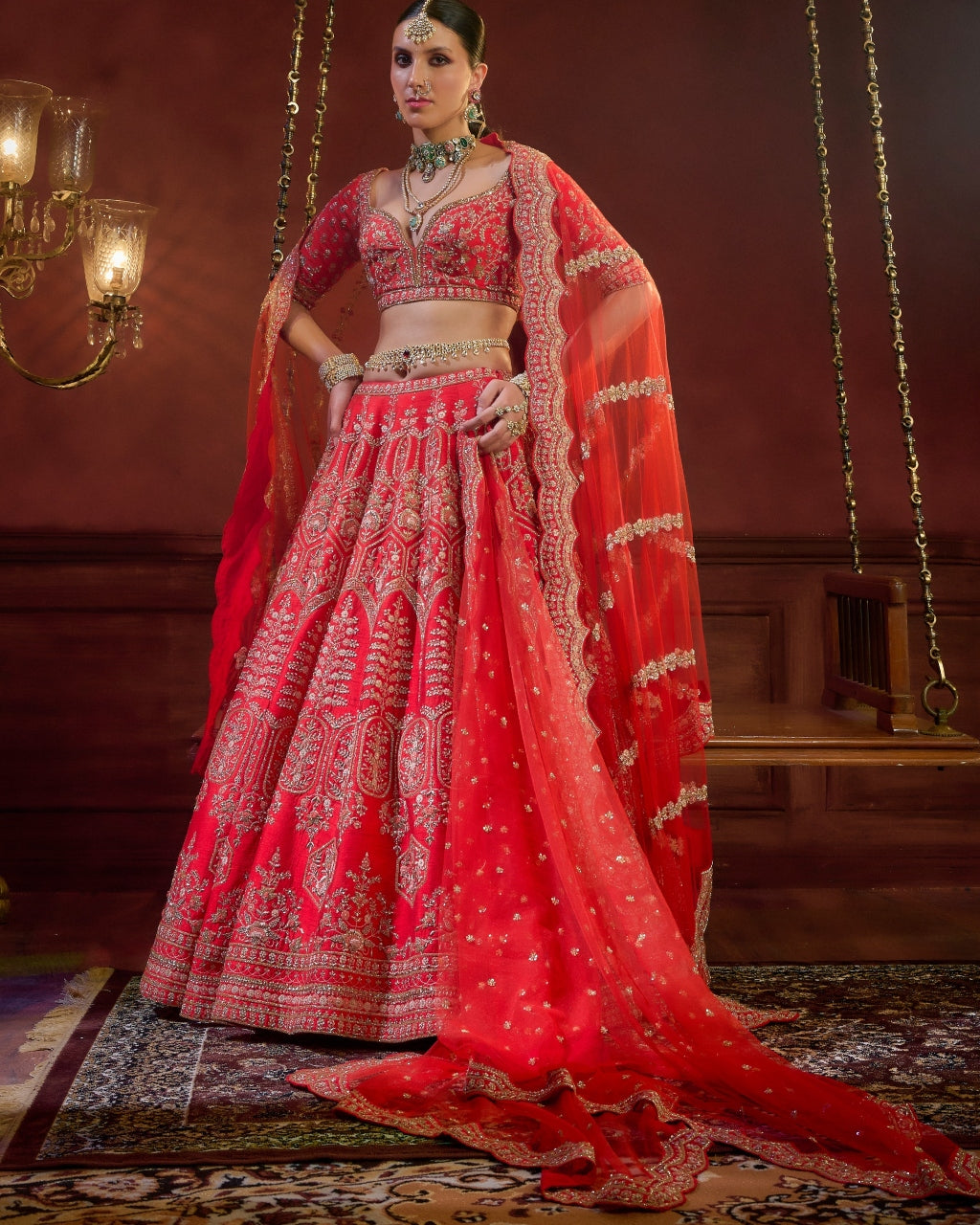 Red Wave Floral Lehenga Set