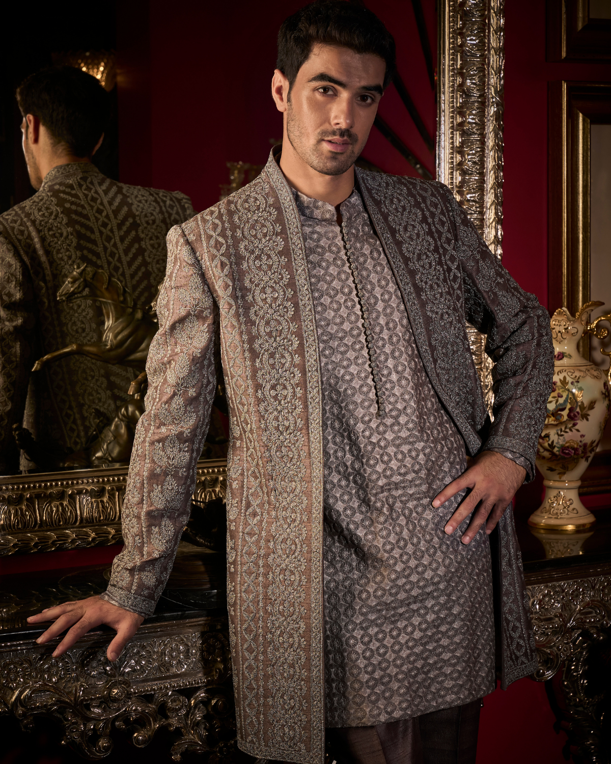 Ash Grey Open Jacket Set By Seema Gujral