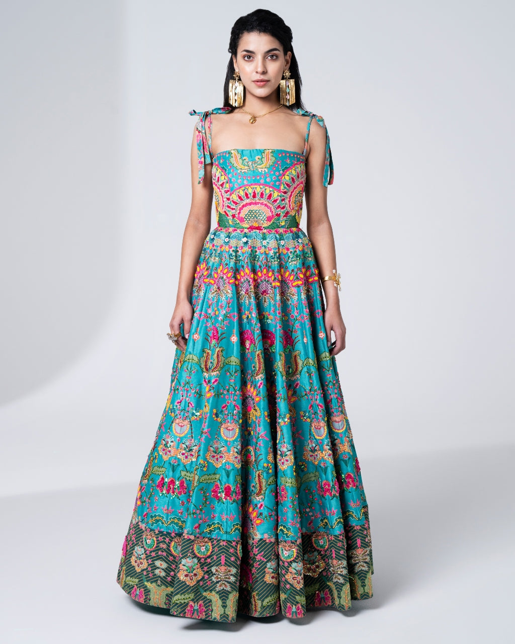 Hawaiian Teal Embroidered Corset Gown