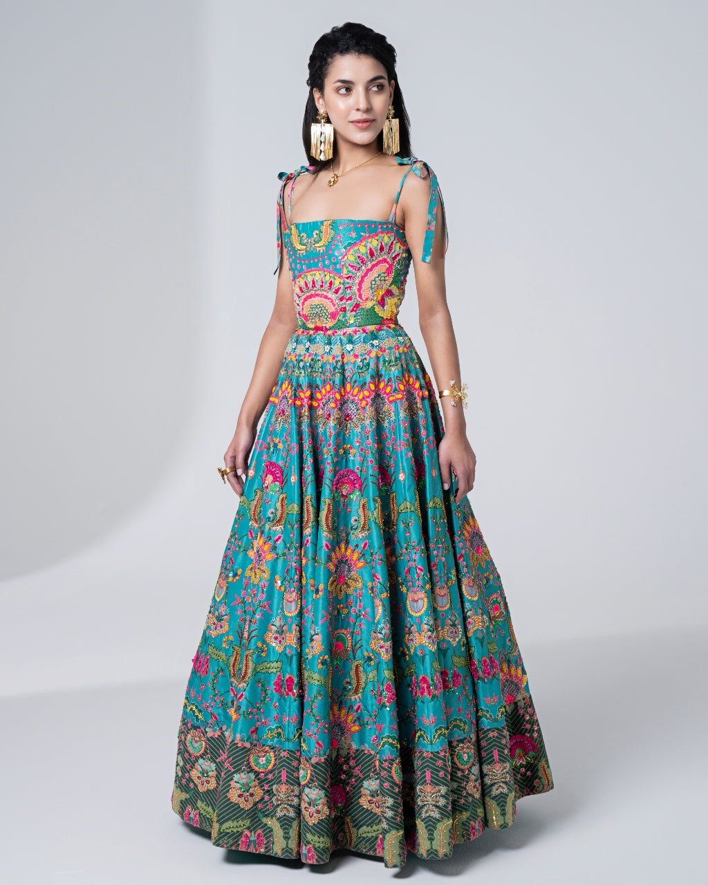 Hawaiian Teal Embroidered Corset Gown