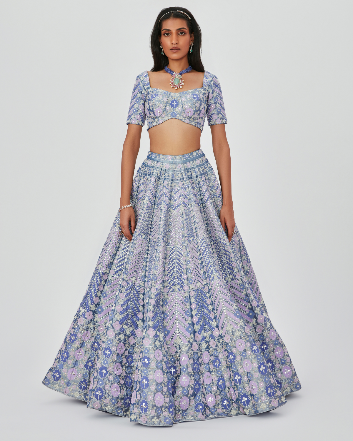 Periwinkle Tissue Embellished Kalidar Lehenga Set by Aisha rao